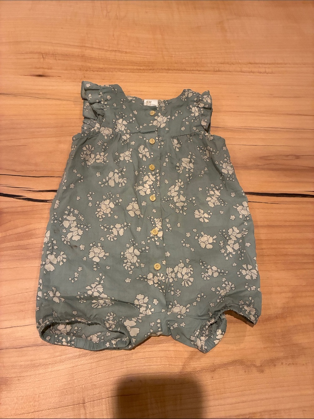 H&M Sage Green Floral Baby Romper with Ruffle Sleeves